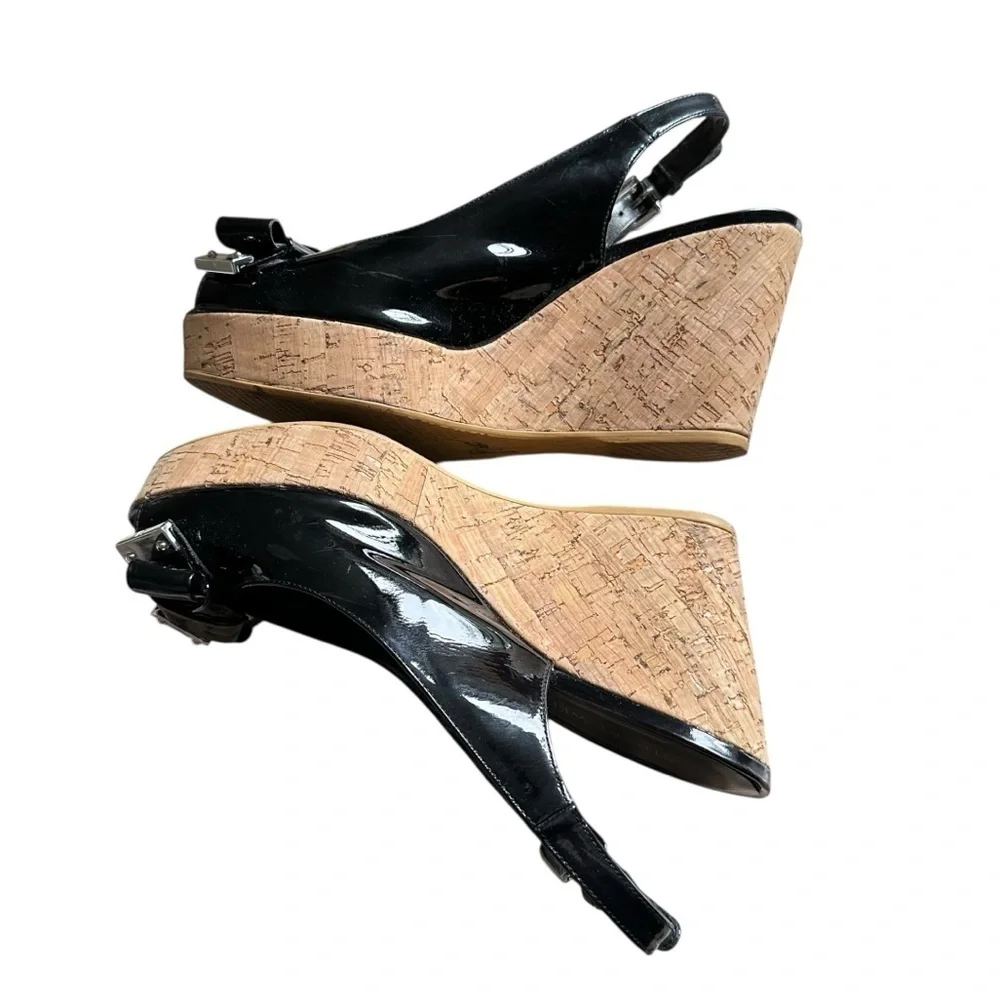 Stuart Weitzman Black Bodajean Bow Patent Leather Wedge Sandals Size 8.5 - Picture 7 of 10